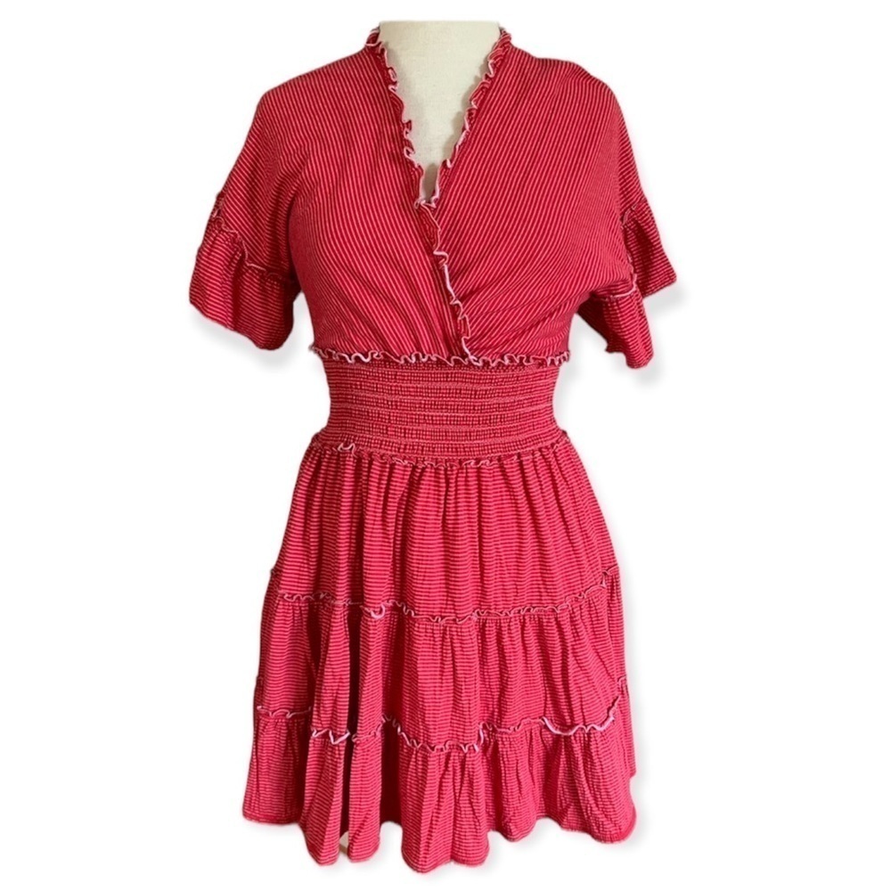 MAX STUDIO Small Red Smocked Waist tiered dress Fit and Flare